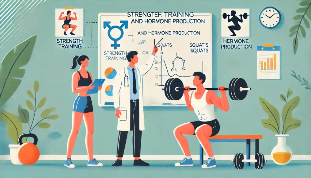 A researcher explaining the relationship between strength training and hormone production on a whiteboard, while a man performs squats and a woman lifts dumbbells, illustrating the scientific link between fitness and sexual function.