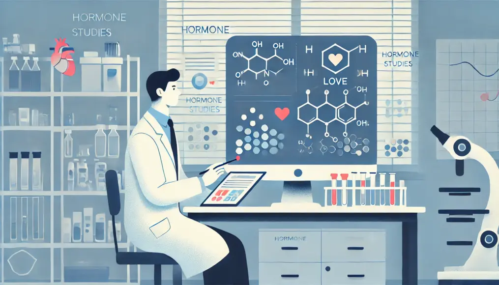 白衣を着た研究者が実験室でホルモンの研究をしている様子。恋愛に関する科学的なデータを分析しながら、相性に関する仮説を立てている場面