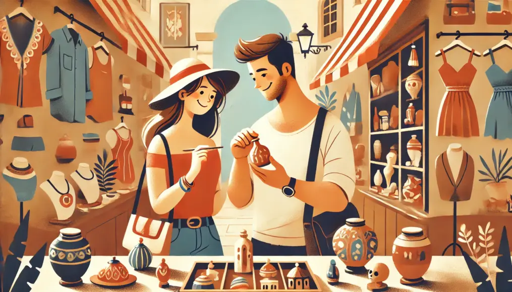 A couple choosing a souvenir together while traveling, happily discussing their options