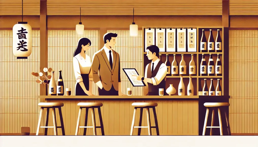 A couple consulting with a bartender in a traditional Japanese bar, selecting the perfect sake or shochu