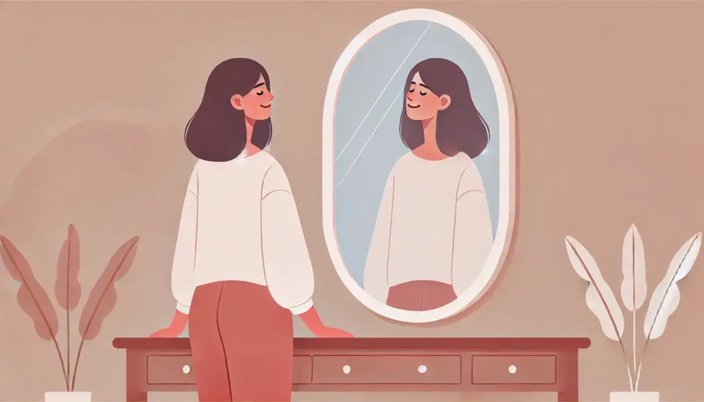 A young person gazing at their reflection in the mirror, symbolizing self-acceptance and inner confidence