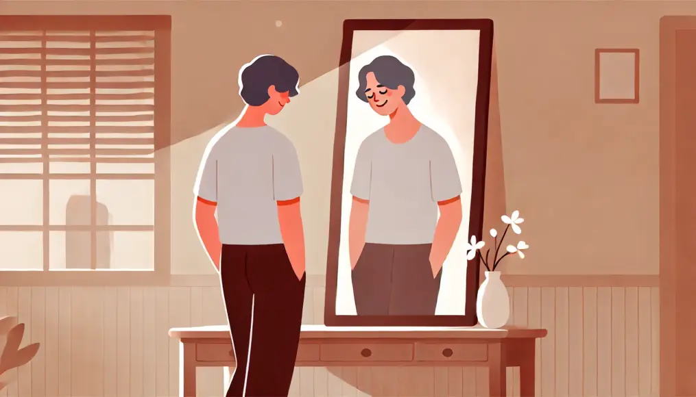 A person standing in front of a mirror, gently smiling. They are beginning to accept their true self and gradually regain confidence