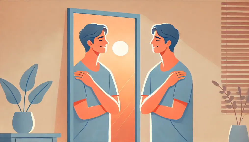 A person standing in front of a mirror, smiling warmly. They are slowly regaining confidence as they embrace their true self