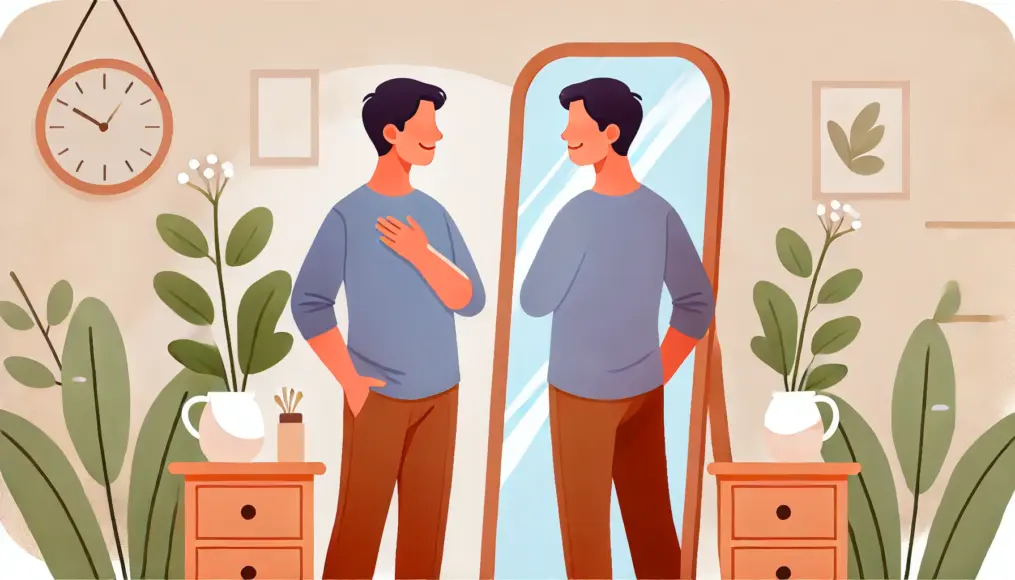 A person standing in front of a mirror, concerned about their body. Their expression shows uncertainty and hesitation, yet also a sense of determination to face themselves