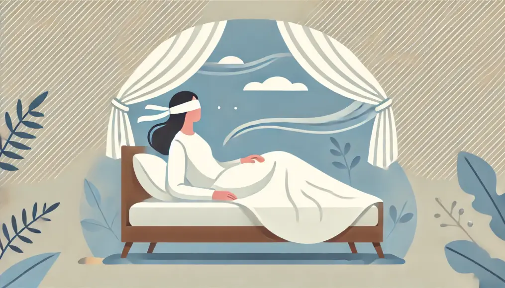 A person with a blindfold lying on a bed, calmly relaxing while feeling the texture of the fabric and the gentle movement of air. The background features softly swaying curtains, creating a tranquil atmosphere.