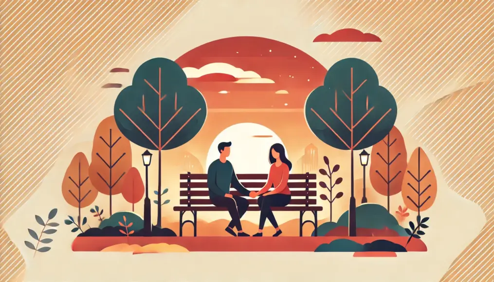 A couple sitting on a park bench, holding hands, and enjoying a peaceful conversation