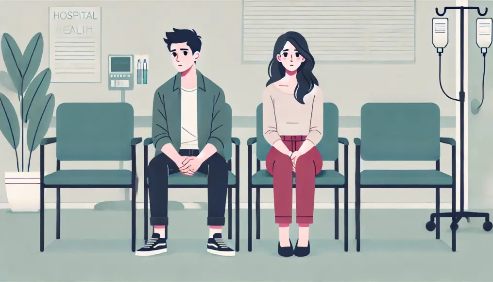 A young couple sitting anxiously in a hospital waiting room, worried about sexual health concerns