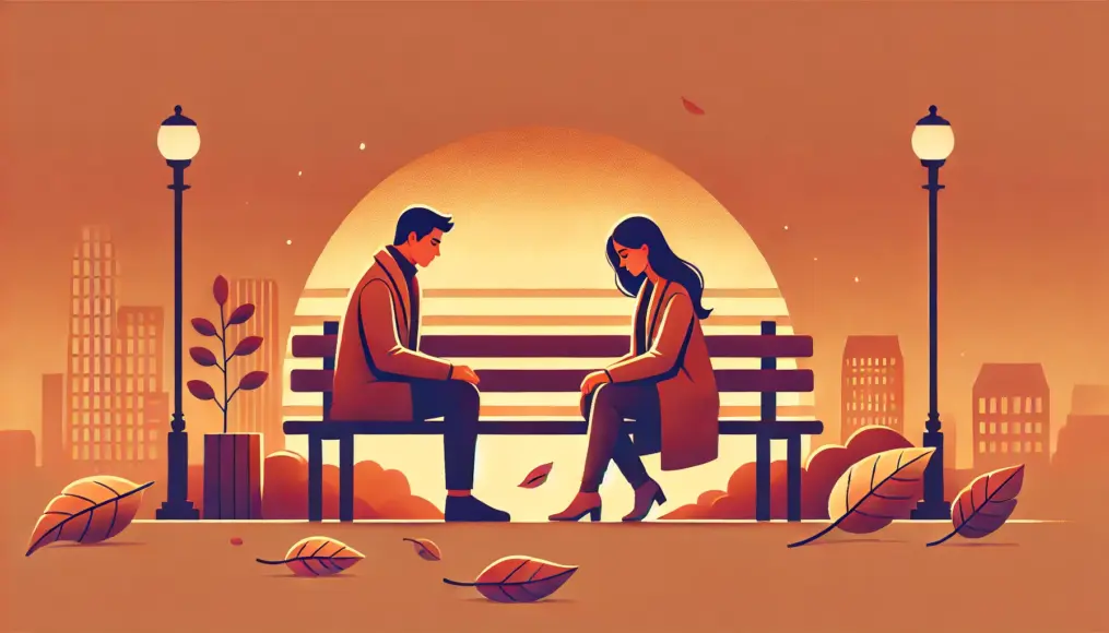 A couple sitting on a park bench, feeling distant. The man looks away while the woman looks down sadly. The background features a sunset sky, emphasizing the cold atmosphere between them.