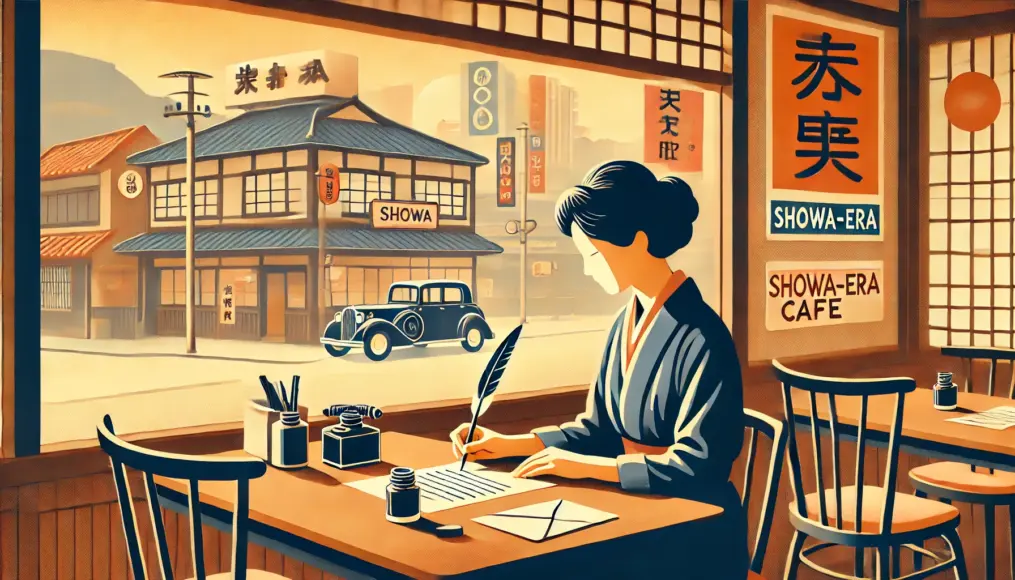 A woman in a Showa-era café writing a letter on stationery. An ink bottle and pen sit on the table, while retro posters decorate the café walls. Outside the window, a nostalgic Showa-era cityscape spreads, creating a warm and sentimental atmosphere.