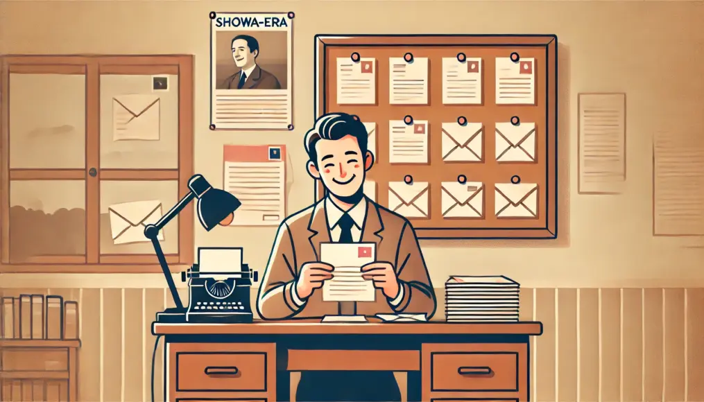 A man sitting at a desk in a Showa-era room, smiling as he opens a letter. A stack of letters sits on the table, and a bulletin board on the wall holds displayed letters. The nostalgic setting evokes memories of love and sentimental connections.