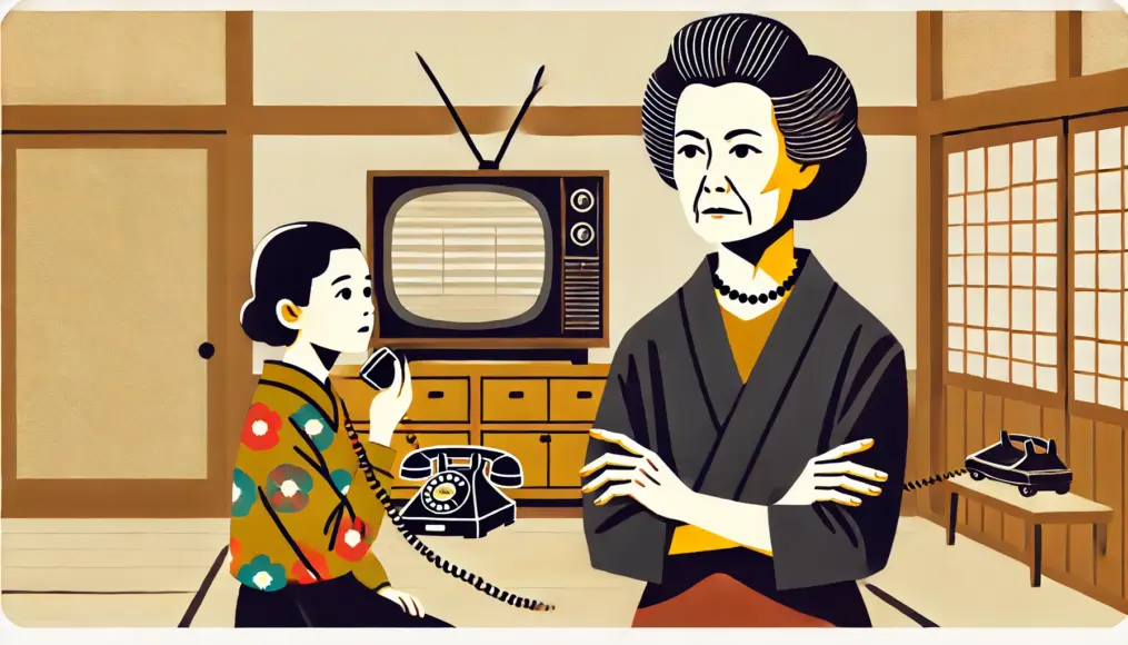 A mother in a Showa-era home crossing her arms with a stern expression while watching her daughter talk on the phone. The daughter, speaking in a hushed voice, looks slightly uncomfortable. The background includes a cathode-ray tube TV and wooden furniture, evoking the nostalgic feel of a Showa-era household.