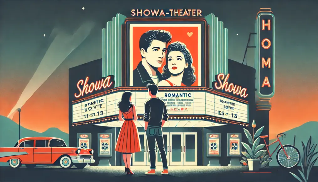 A young couple standing in front of a Showa-era movie theater, looking up at a romantic film poster. The background features retro neon signs, symbolizing the rise of romance in entertainment.