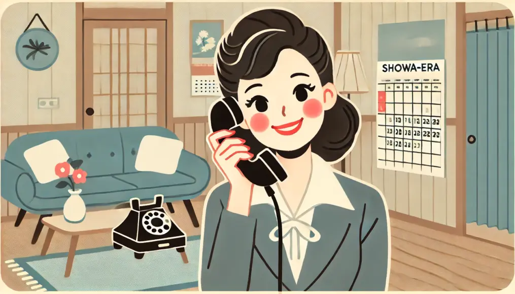 A young woman in a Showa-era living room, holding a black telephone while talking. She is smiling happily with a slight blush on her cheeks. The background features retro furniture and a calendar on the wall, creating a nostalgic home atmosphere.