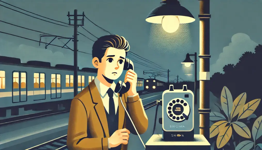 A young man in front of a Showa-era public phone, gripping the receiver while talking. A streetlamp illuminates his back, and a distant train platform is visible. He looks slightly nervous but deeply engaged in conversation.