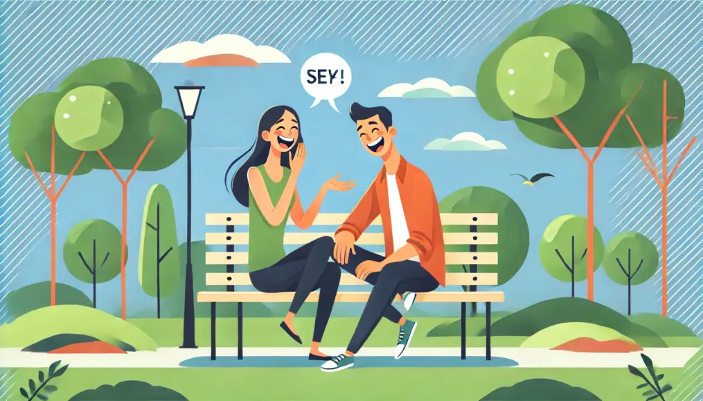 A couple sitting on a park bench, joking with each other and laughing happily