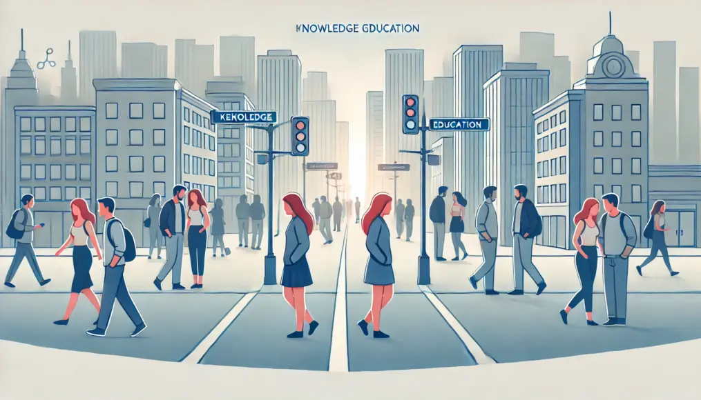 A busy city scene symbolizing the societal impact of lack of sexual education, with people walking past each other disconnectedly