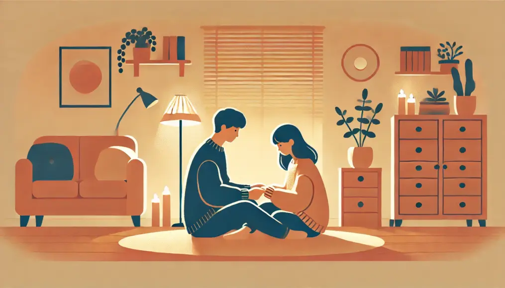 A couple sitting on the floor in a warmly lit room, leaning against each other while sharing a quiet moment of affectionate touch