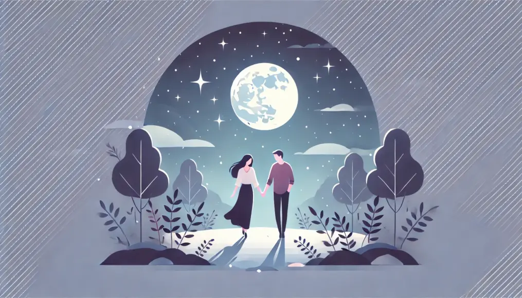 A couple walking under a starry sky, holding hands and enjoying a romantic nighttime stroll