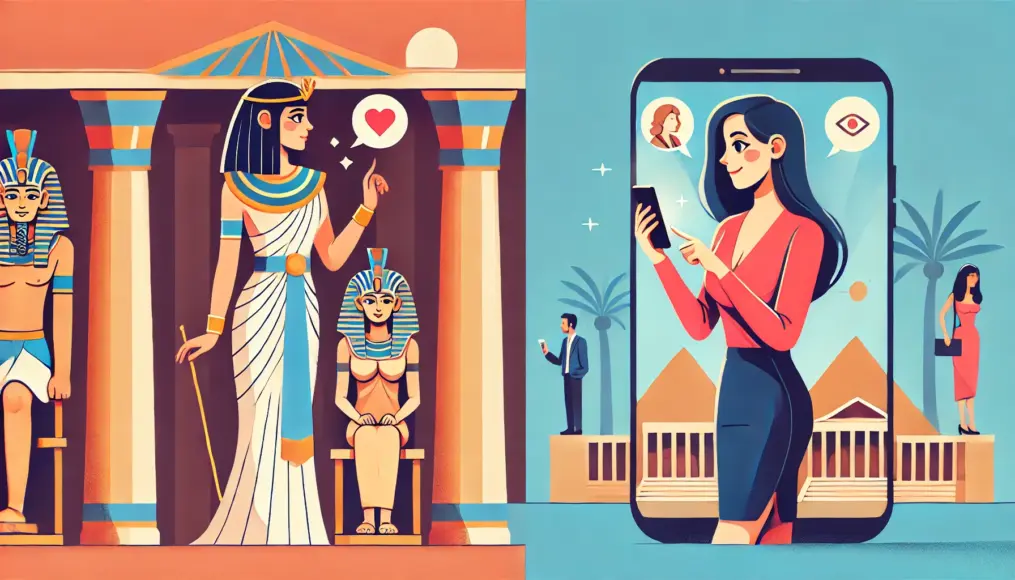 An illustration of Cleopatra strategically approaching romance, contrasted with a modern woman considering relationship tactics