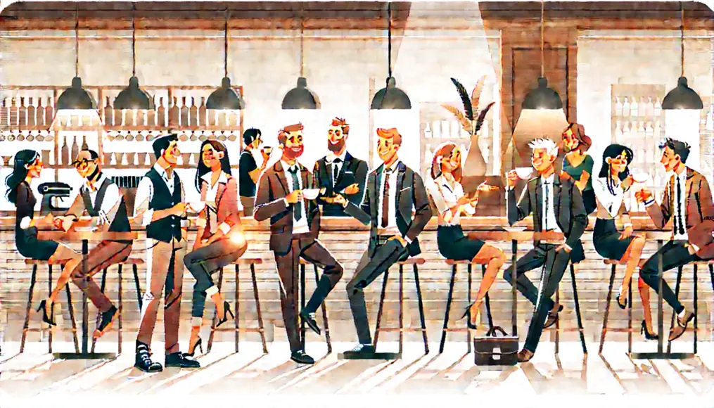 A group of men and women enjoying a lively conversation at a stylish café. The atmosphere is warm and friendly, with everyone engaged in the discussion