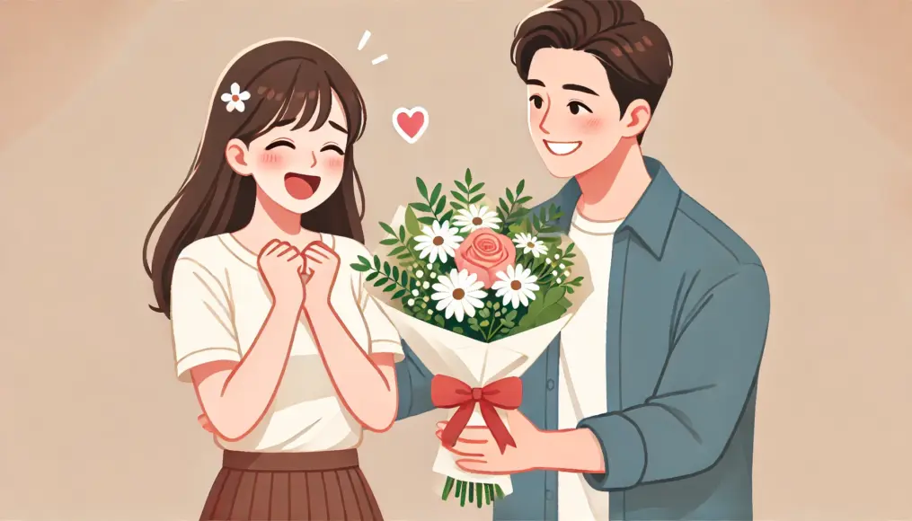 A woman receiving flowers from her partner as a surprise, looking delighted and touched