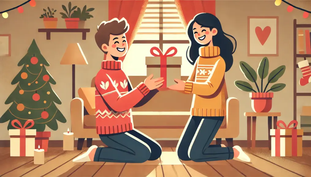 Partner reacting with joy while receiving a gift