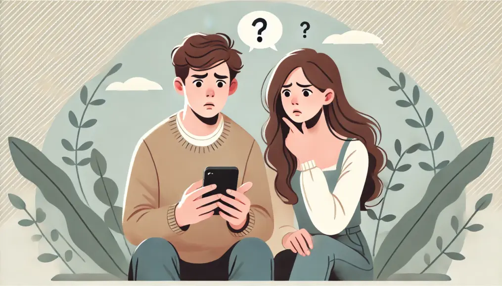 A young man and woman staring at a smartphone screen, looking confused by the conflicting information they see online