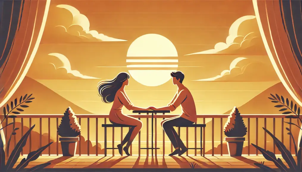 A couple holding hands on a terrace at sunset, exchanging smiles as they confirm their feelings for each other in a serene setting