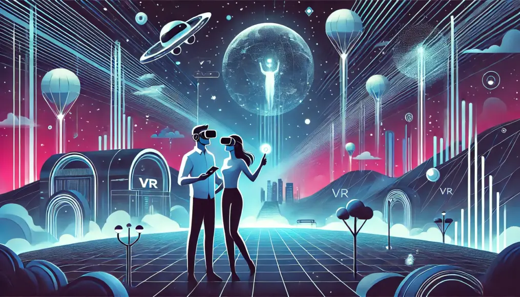 A couple wearing VR headsets enjoying a romantic date together in a virtual world