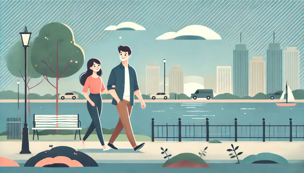 A couple enjoying a free date, walking along a riverside promenade while smiling and chatting. The river flows gently, and the trees sway softly