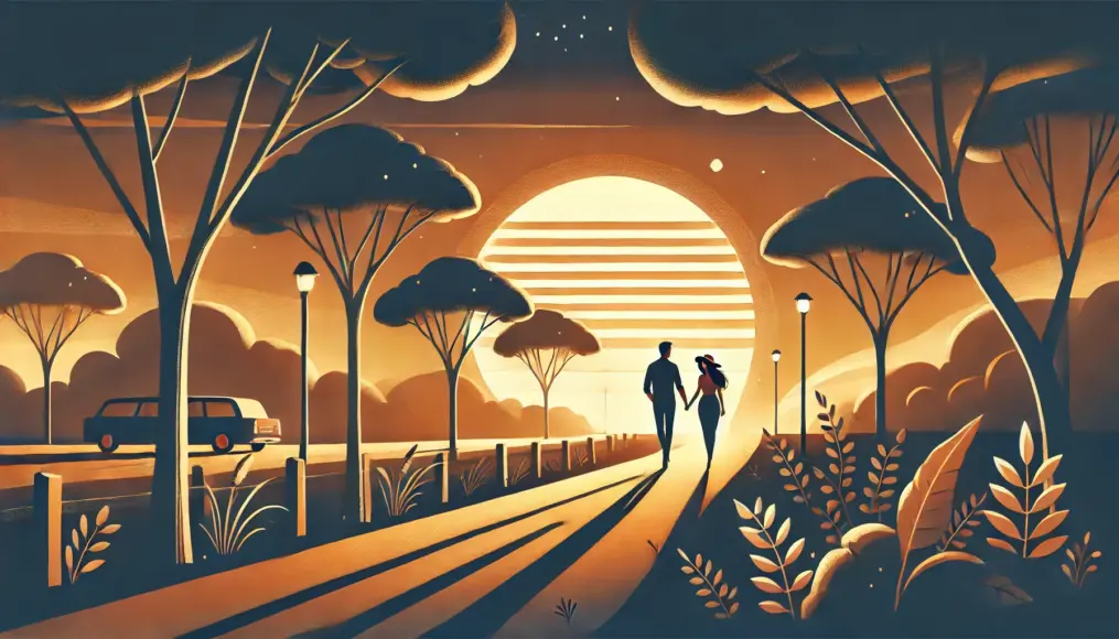 A couple walking down a tree-lined path at sunset, sharing their dreams and aspirations for the future as they strengthen their commitment to one another.