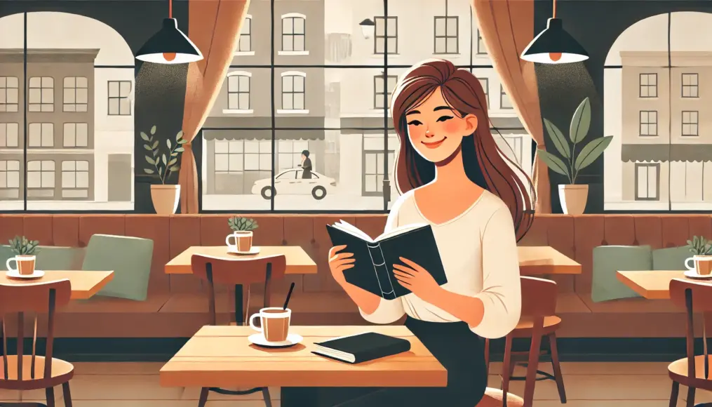 A woman reading a book in a café while smiling