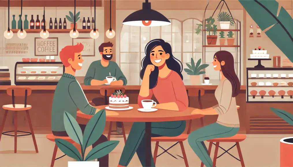 A woman chatting happily with her friends in a café