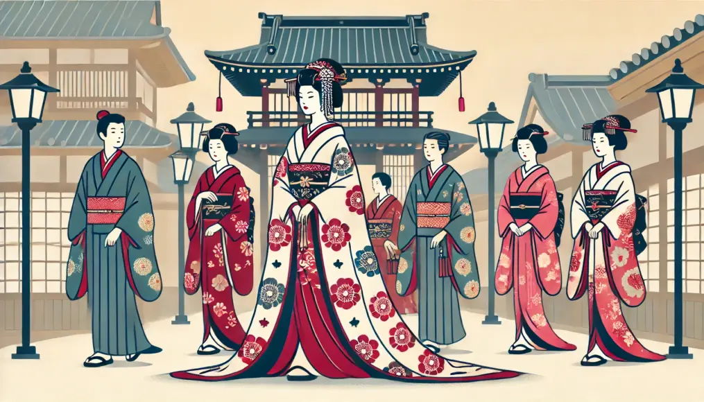 An elegant *Oiran* and her attendants parading through Yoshiwara in luxurious attire