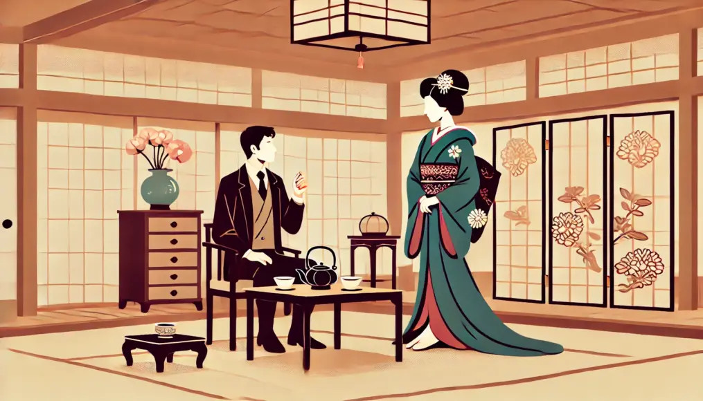 A high-ranking courtesan in an elegant kimono sitting gracefully across from an upper-class client, engaging in refined conversation