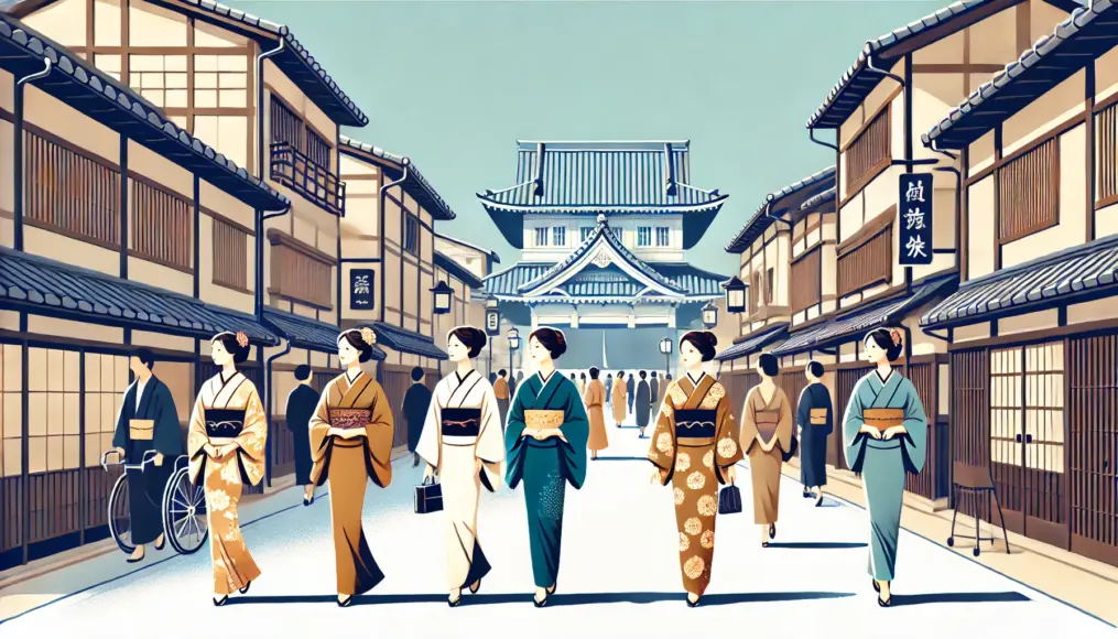 Women in elegant kimonos walking through the streets of Yoshiwara, heading toward the entrance of the pleasure quarter