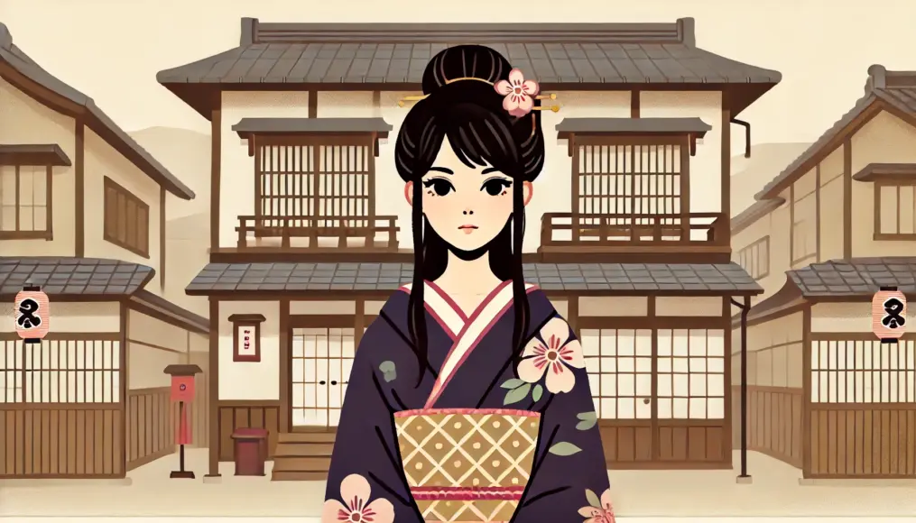 A young courtesan standing in front of a row house in Yoshiwara, dressed in an elegant kimono but with a melancholic expression